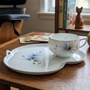 Vintage‎ Hakusan China Snack Set Cup Tray Atomic Starburst Blue Black Japan 9613